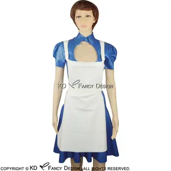 

Blue With White Sexy French Maid Latex Dress With Apron And Bows Zipper At Back Open Front Rubber Uniform LYQ-0015