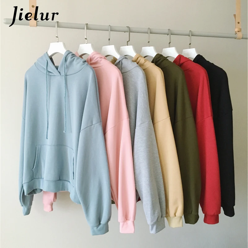 

Jielur 7 Solid Color Hooded Thin New Kpop Hoodie Women Chic Harajuku Sweatshirt Basic Black Pink Loose Streetwear Sudadera Mujer