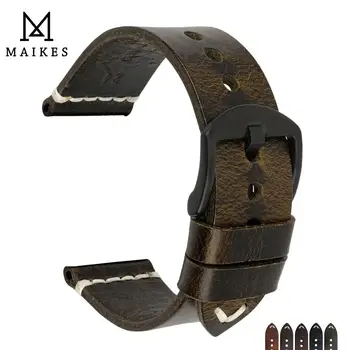 

MAIKES High Quality Vintage Green Leather Stainless Steel Pin Buckle 20mm 22mm 24mm Watch Accessories Watch Strap Bracelets