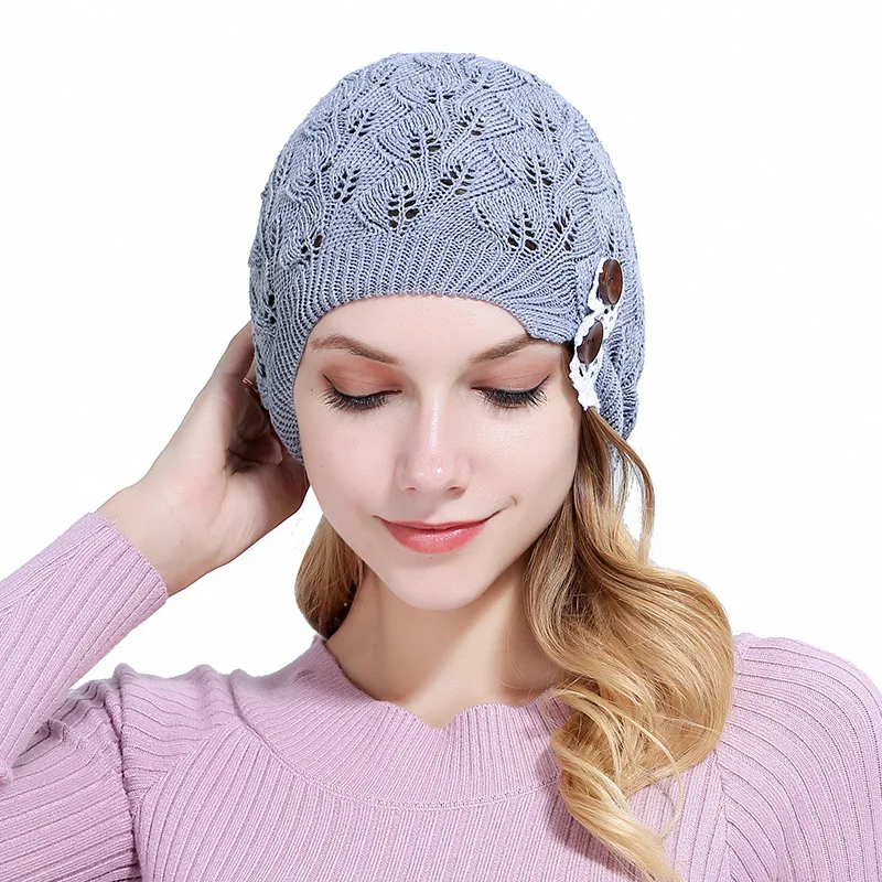 

2019 New Knitted Hat Gorros women hat Leaves Lace Button Wool warm hats beret hedging Cap Winter hat women beanie