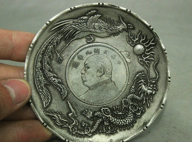 Decorate Collectible Old Silver Chinese Wealth Zodiac Dragon Phoenix Coin Plate | Дом и сад