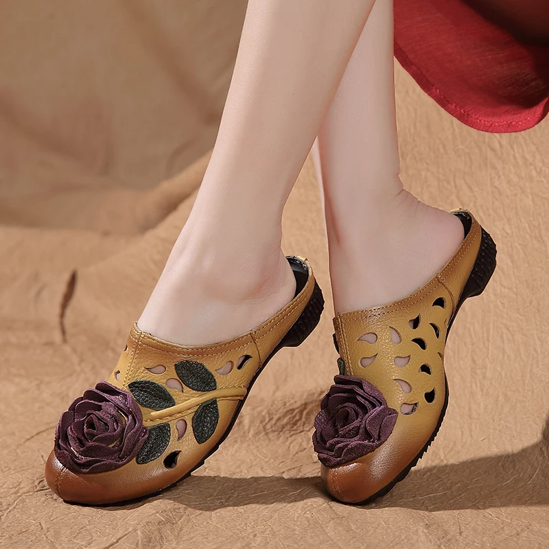 

new arrival 2018 women summer genuine leather big flower low heel shoes female sandales handmader slippers slides C0212
