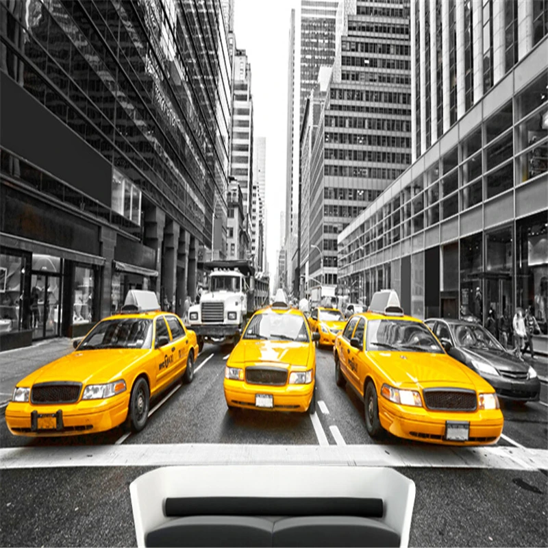 

beibehang yellow taxi large mural black and white living room bedroom TV background wallpaper 3D wallpaper personalized custom