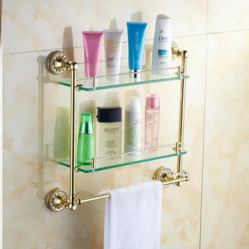 

Bathroom Accessories Solid Brass golden Finish With Tempered Glass,double Glass Shelf bathroom double shelf