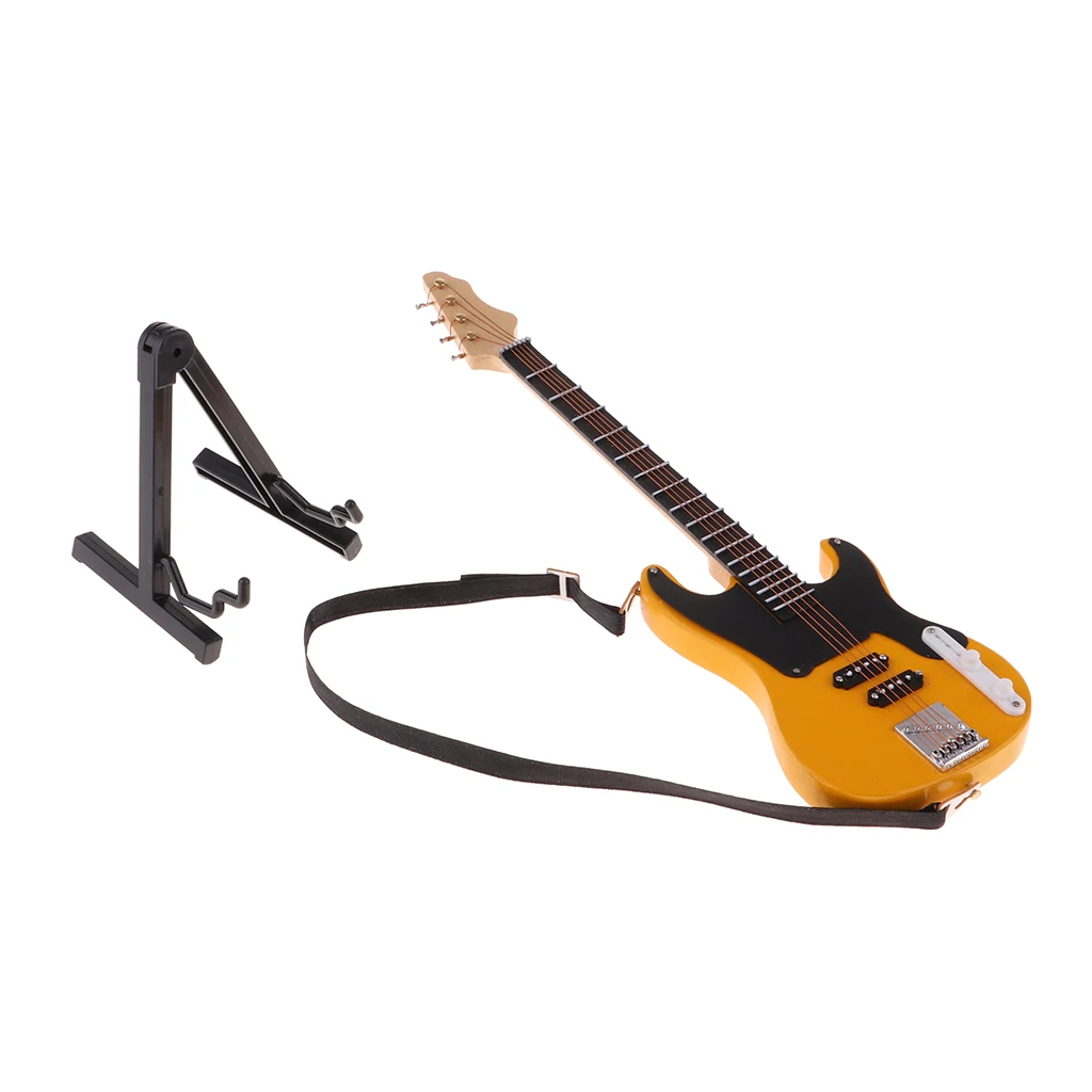 1/6 BJD Wooden Electric Bass Model with Stand and Strap Dolls House Miniature Display Decor Yellow