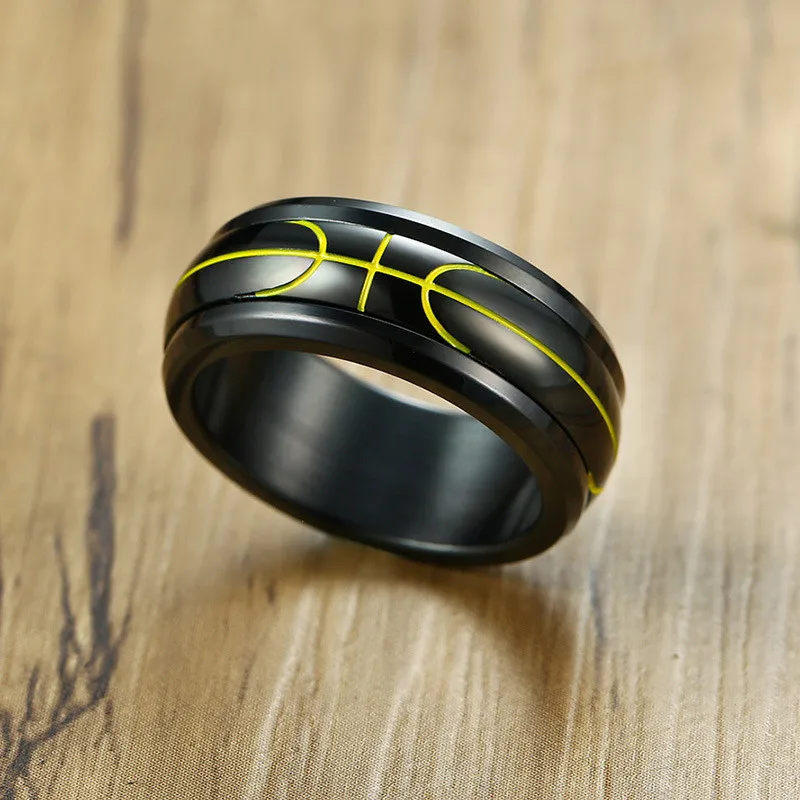 Modyle 2018 New Fashion 8mm Black Basketball Symbol Rotatable Stainless Steel Ring for Man