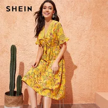 SHEIN, имбирное Гипюровое платье с кружевной вставкой и узлом спереди, Цветочное платье, женское платье миди с v-образным вырезом, платье с оборками на талии, летнее платье с рукавами