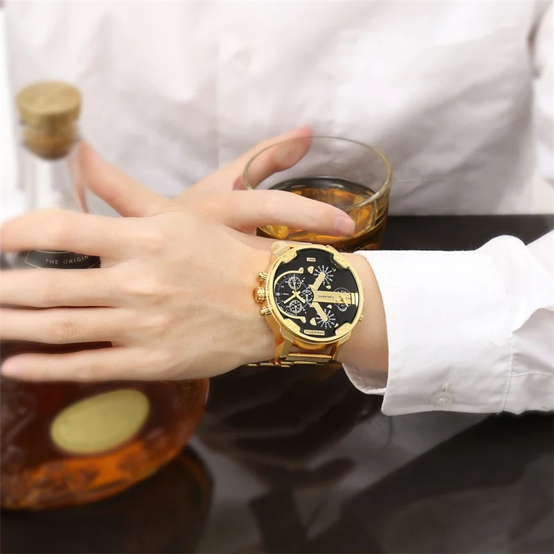 Luxury Brand Watches Men Golden Steel Quartz Watch Male Wristwatch Unique Style Big Dial Men Milita