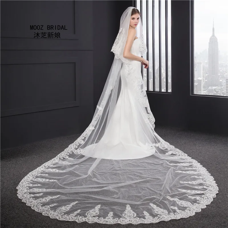 

Wedding Veil 3.5 m Long Two Layers 2018 Crystals Rhinestones Lace BlingBling Real Images Cathedral Bridal Veils with Comb