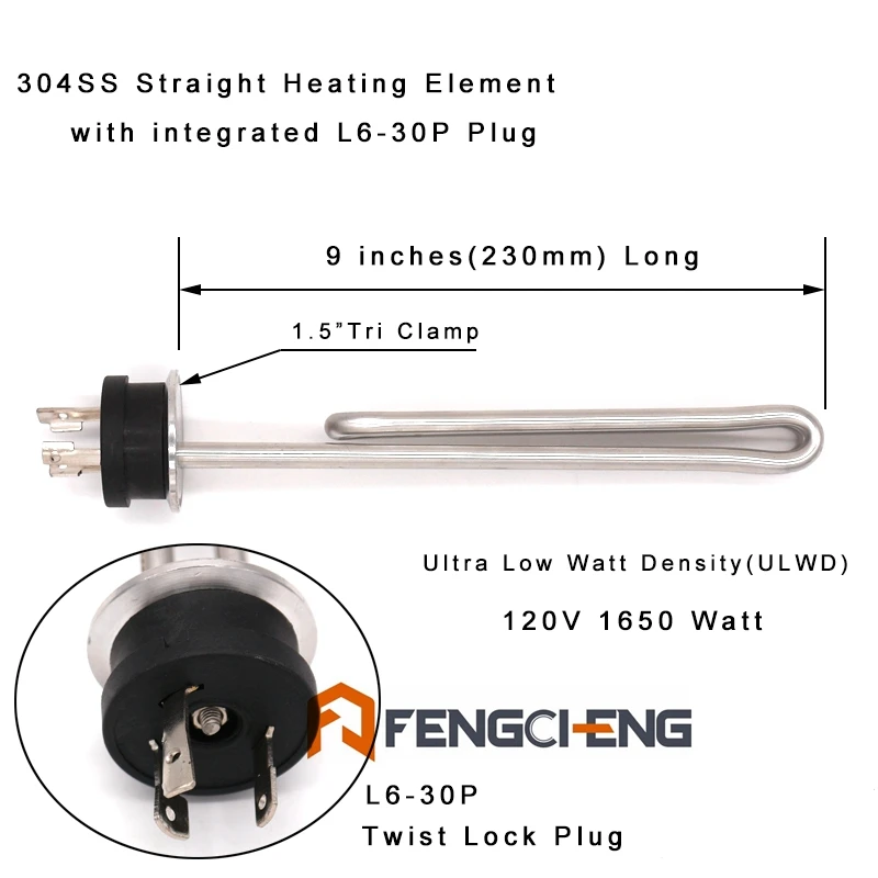 120 Volt 1650 Watt Stainless Steel Straight Heating Element with integrated L6 30P Plug Homebrew