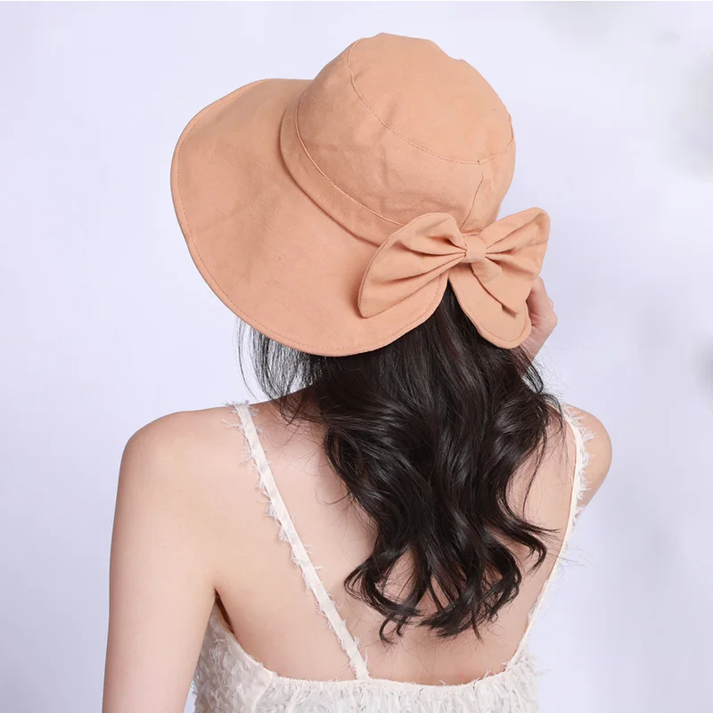 ginger yellow Хлопковые однотонные солнечные шляпы с бантом для женщин, Летние повседневные розовые летние кепки для взрослых, женские широкие пляжный навес кепки Солнцезащитная шляпа - Цвет: ginger yellow