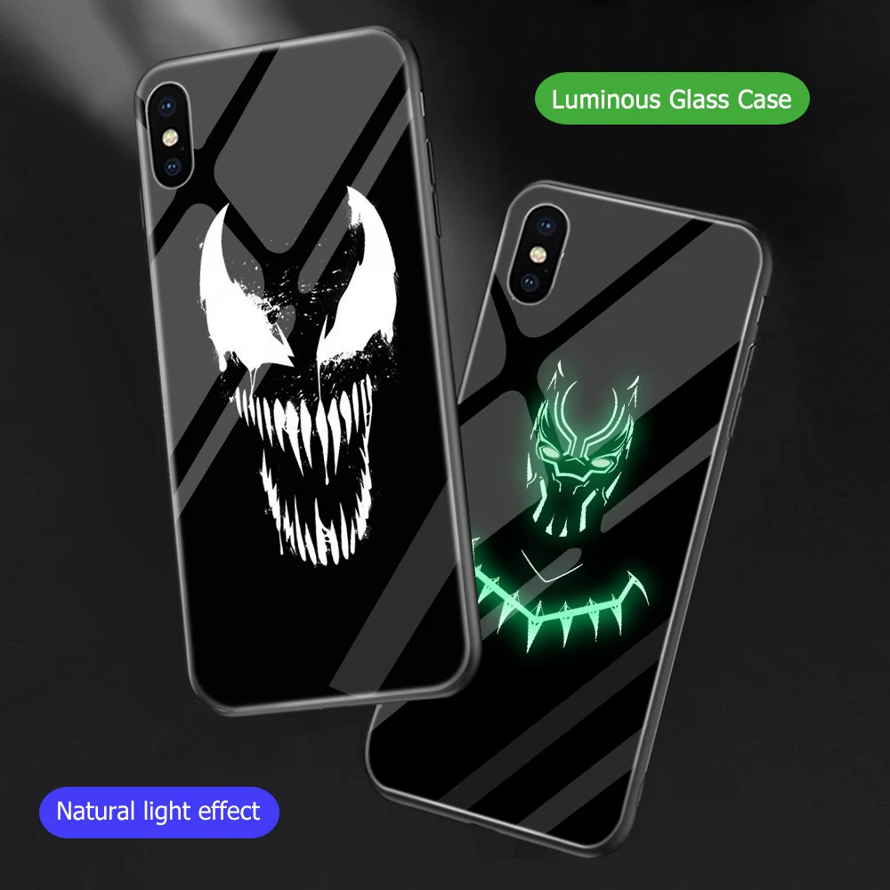 

ciciber Marvel Avengers Iron Man Venom Batman Logo Luminous Cover Case For iPhone X Xs Max XR 7 8 6 6s Plus Tempered Glass Capa