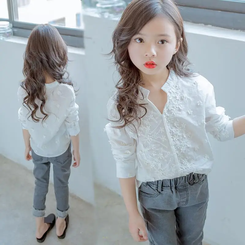 Flower Baby Girls White Shirt for School 2018 New Spring Cotton V neck