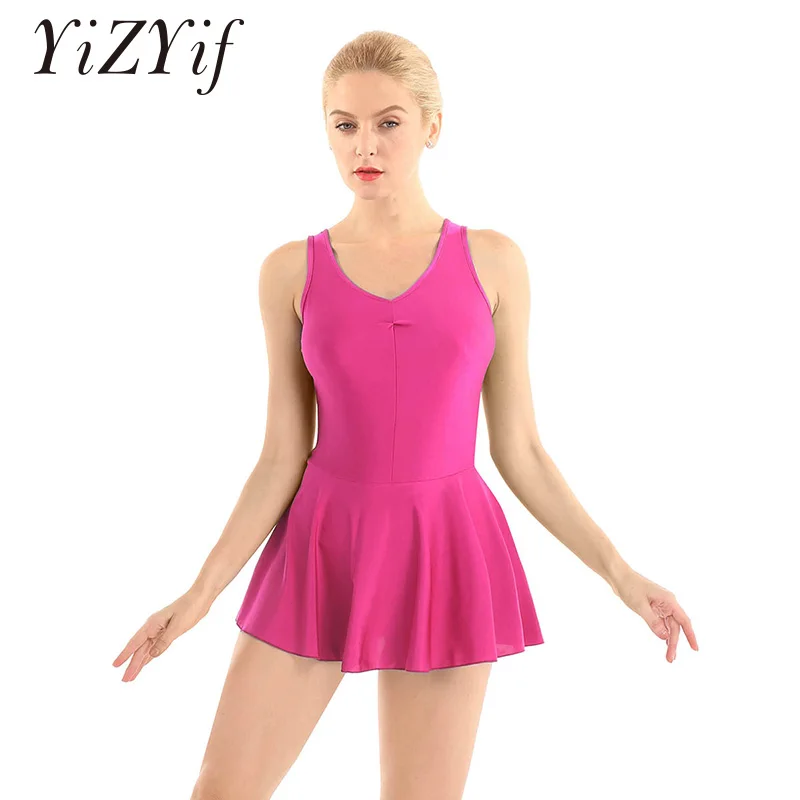 

Women Ballet Lycra Skirt Adult Dance Dress Sleeveless Ruched V-neck Front with Built-in Leotard Gymnastics Dress Ballet Dance