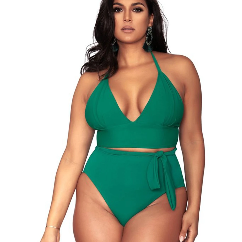 

Plus size high waist swimsuit triangle bikini solid large size swimwear halter strappy bathing suit push up bikini plus size