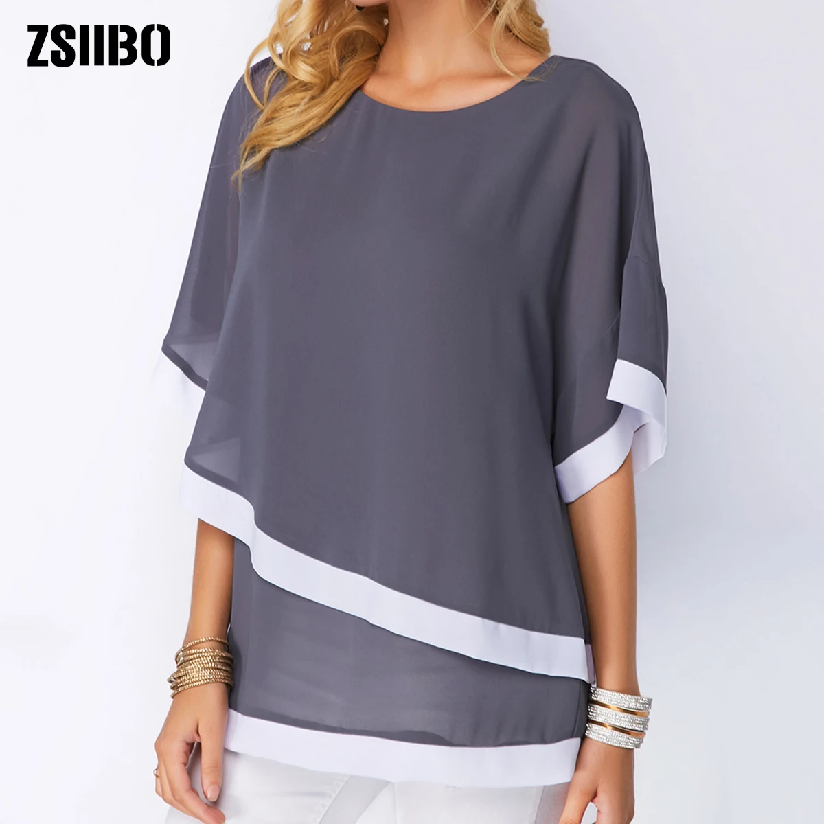 plus size Blouses for women 4xl 5xl Patchwork Double layer Tops Casual Batwing tunic Autumn Large size Chiffon Shirts