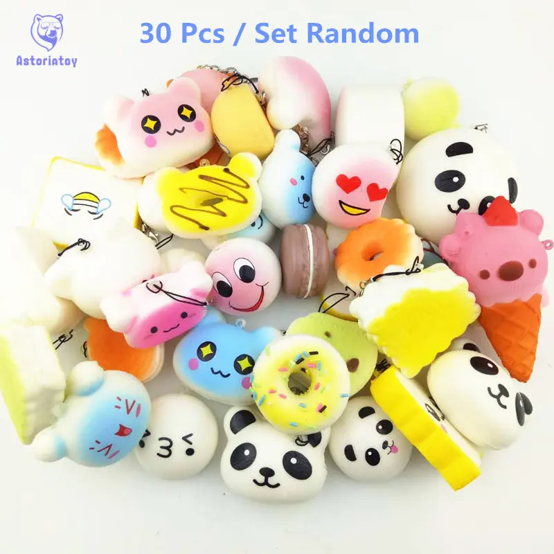 

30PCS Random Squishy Panda Bread Ice Cream Slow Rising Cute Phone Straps Cake Buns Pendant Toy Kid Squeeze Scented Charms