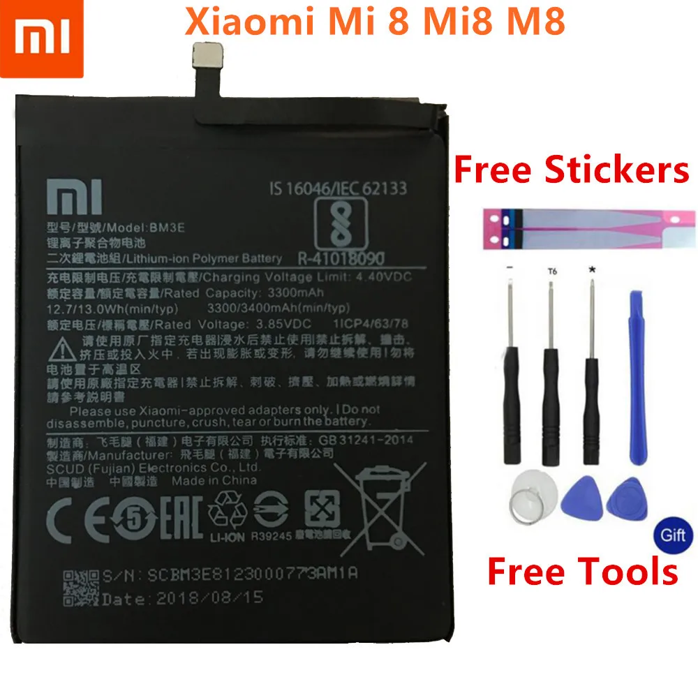 Аккумулятор для телефона Xiao mi BM3E для Xiaomi mi 8 mi 8 M8 настоящий аккумулятор 3400 мАч Высококачественный сменный аккумулятор+ Бесплатные инструменты+ наклейки