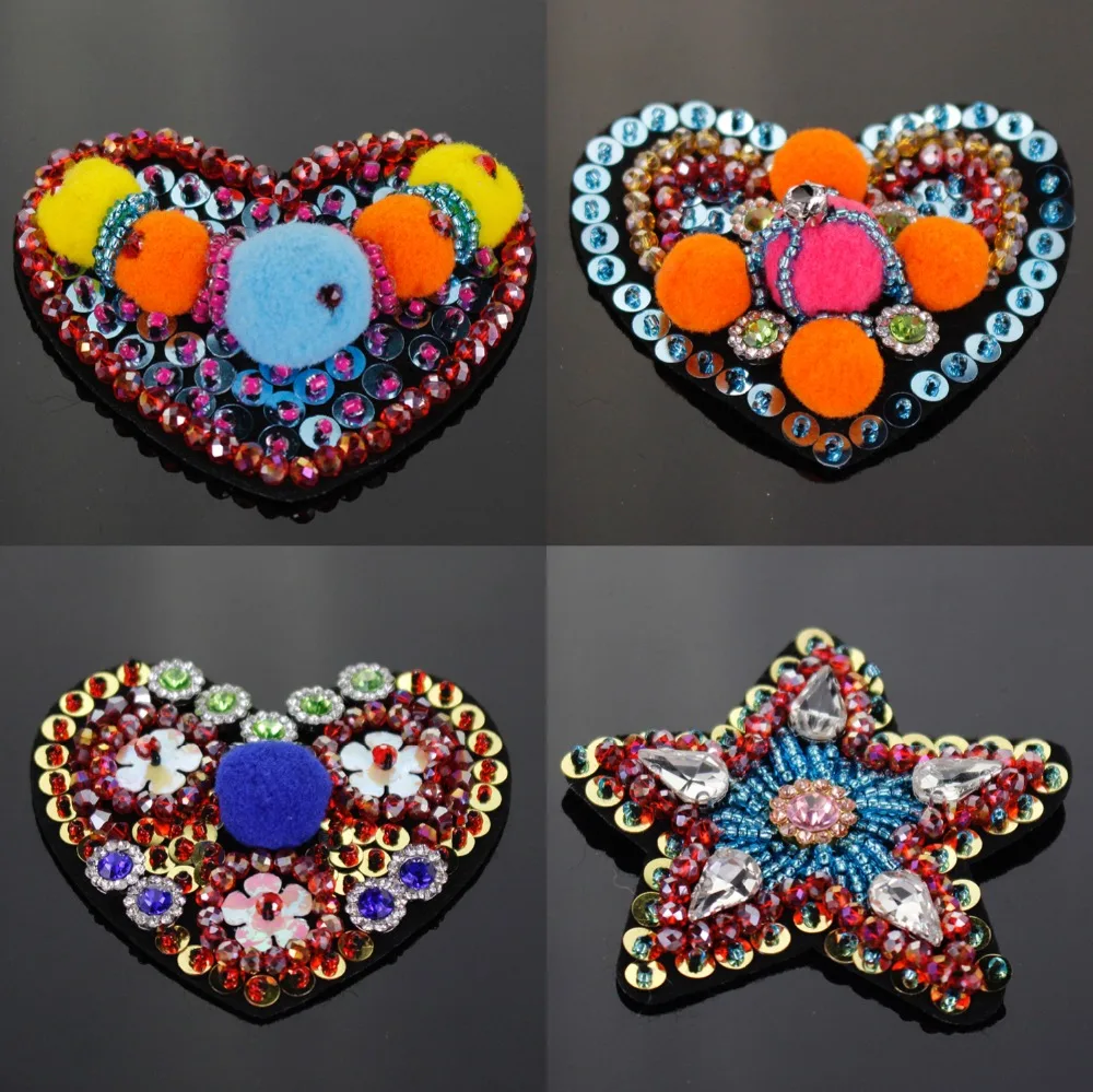

1pieces Beaded Heart Star Brooches Badges Rhinestone Sequin Crystal Motif Patches for Clothes Shoes Decorated Sewing Crafts