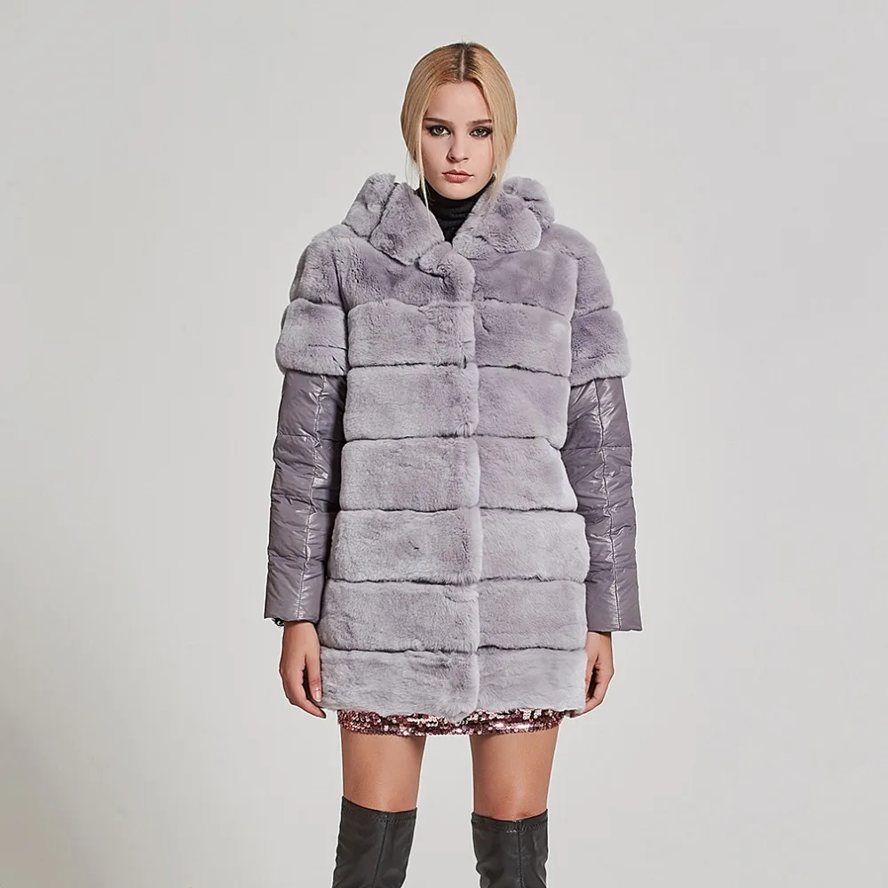 

Мех история Для женщин Натуральный мех пальто реального кролика рекс Мех пальто с овечья кожа рукавом зимние кожаные Пух пальто 17153