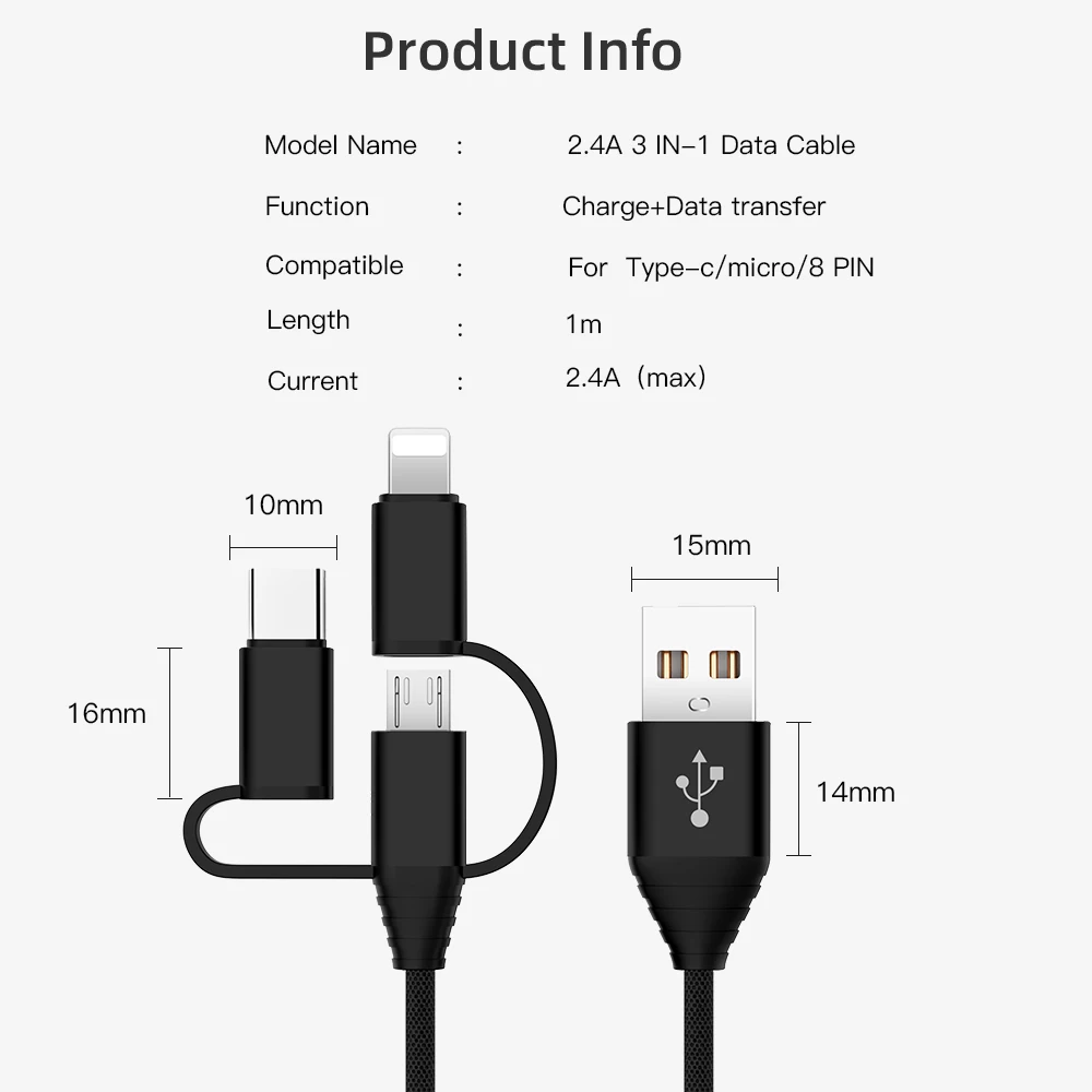 3 in 1 Mobile Phone USB Charging Cable for iPhone X Micro USB Type C Charger Cable for Xiaomi Huawei Samsung Fast Charging Cable