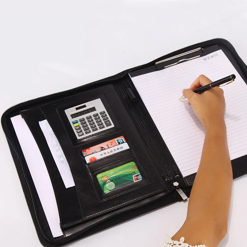 A4 Fichario папка для документов Binder Padfolio портфель для ноутбука с ручкой калькулятора на молнии из искусственной кожи офисная сумка для менеджера