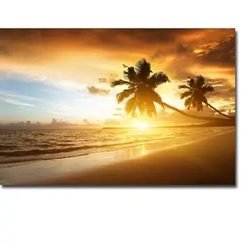 

NICOLESHENTING Sunset - Tropical Beach Ocean Sea Art Silk Fabric Poster Print 13x20 24x36 Plam Tree Landscape Wall Pictures 003