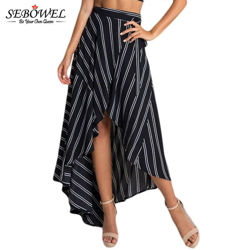 Image SEBOWEL Ethnic striped Print Maxi Skirt Wrapped Beach Skirt Women summer High Waist Asymmetrical split bohemian Long Skirt