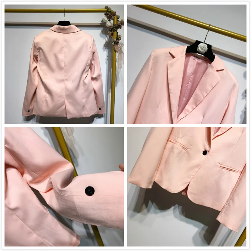 Newest OL Pink 2 Piece Set Women Single Button Long Sleeve Short Office Lady Blazer Jacket & Women's Pants Suit Outerwear Suits