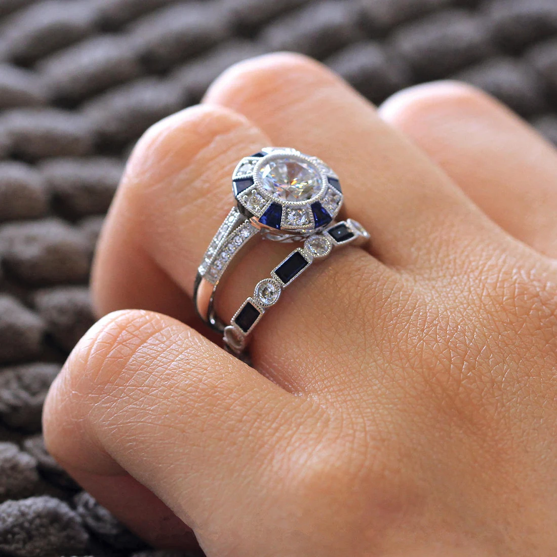 Fashion 2pcs/Set Luxury Blue Wedding Ring For Woman Silver Plating Zircon Ring Jewelry