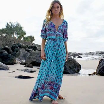 

Large size summer sundress women short sleeve plus size vintage print long maxi split Button Cardigan dress vestido de festa hot