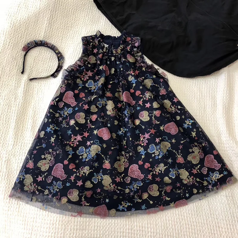 

Autumn&Summer Baby Girls Black Party Dress Boutique Colorful Heart-shaped Princess Flower Dress for Girl Clothes Petticoat