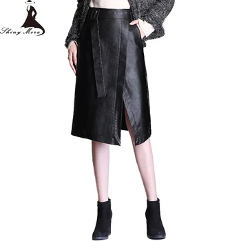 

SHINYMORA Autumn Women Knee Length PU Leather Skirts High Waist Split Fork Spliced Fashion A Line Elegant Sexy Skirts with Belt