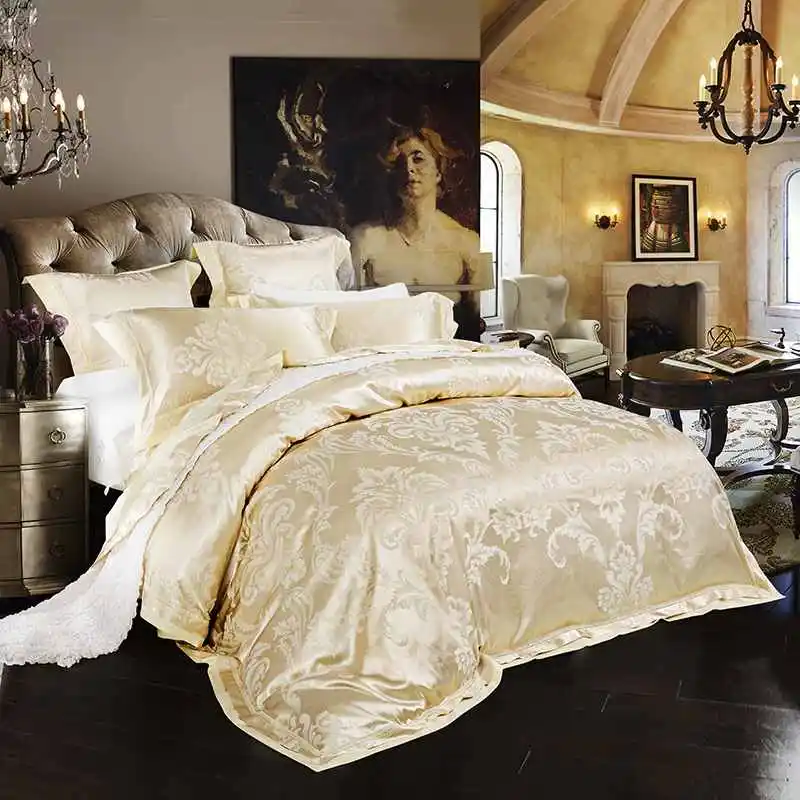 4/6Pcs Beige Jacquard silk/cotton bedding sets king queen size luxury satin duvet/quilt cover set bedclothes bed sheet cotton