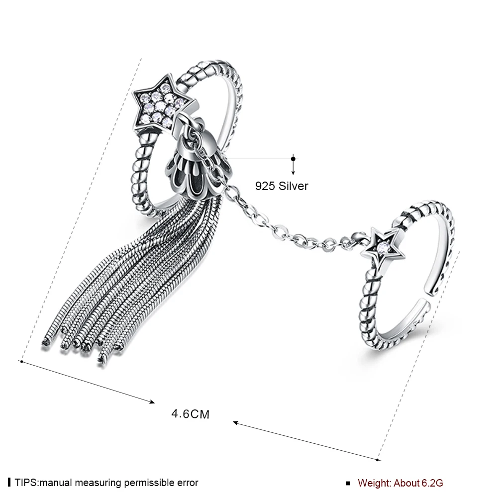 Ретро стиль Стерлинговое Серебро Звезда и кисточкой CZ двойной слой палец кольцо для женщин модные серебряные ювелирные изделия подарок