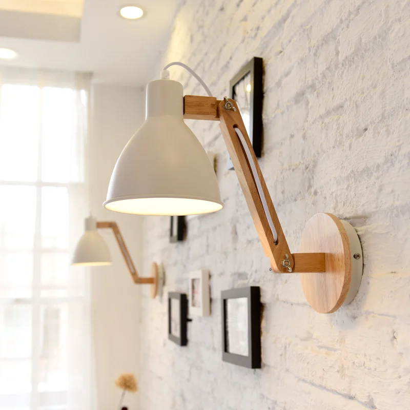 

Nordic Wooden Bedroom Bedside LED Wall Lamp Creative Adjustable Arm Aisle Study Room Office Wall Light Fixtures Free Shipping