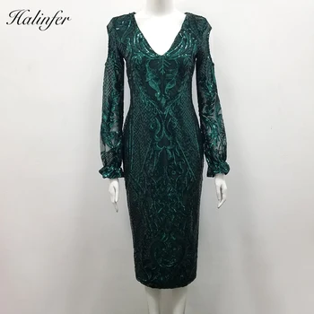 

Halinfer 2018 New Autumn women dress sexy bodycon V-Neck Mesh Sequined Green Rayon Bandage celebrity party dress vestidos