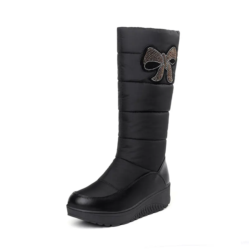 Fanyuan/женские зимние сапоги до колена; повседневные зимние сапоги на пуху; популярные слипоны с круглым носком; женская обувь высокого качества - Цвет: Black
