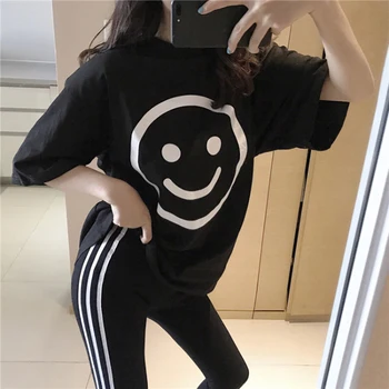 

Smiley Face Printing Short-sleeved T Shirt And Long Pants Causal Pant Two-piece Sports Suit