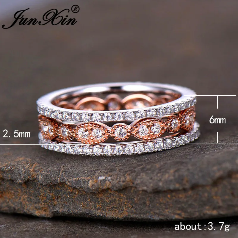 JUNXIN 90% OFF! Luxury 3pcs/Set White Zircon Ring Sets For Women Rose Gold Filled Bridal Engegament Ring Stackable Midi Jewelry