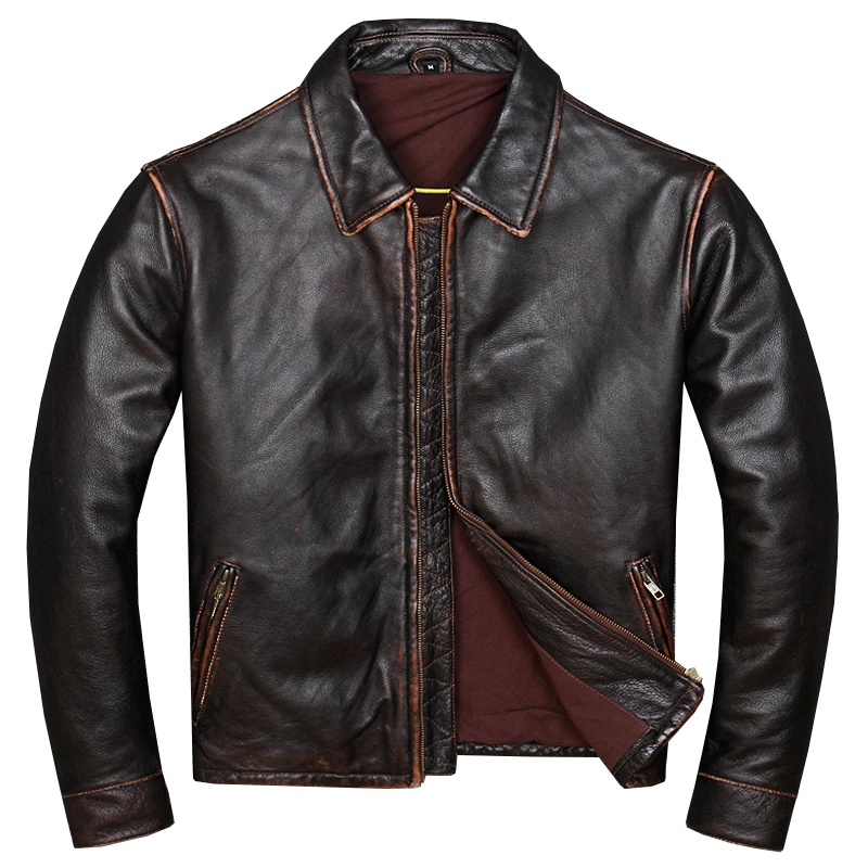 

2019 Vintage Brown Men Casual Leather Jacket Plus Size XXXL Genuine Thick Cowhide Autumn American Leather Coat FREE SHIPPING