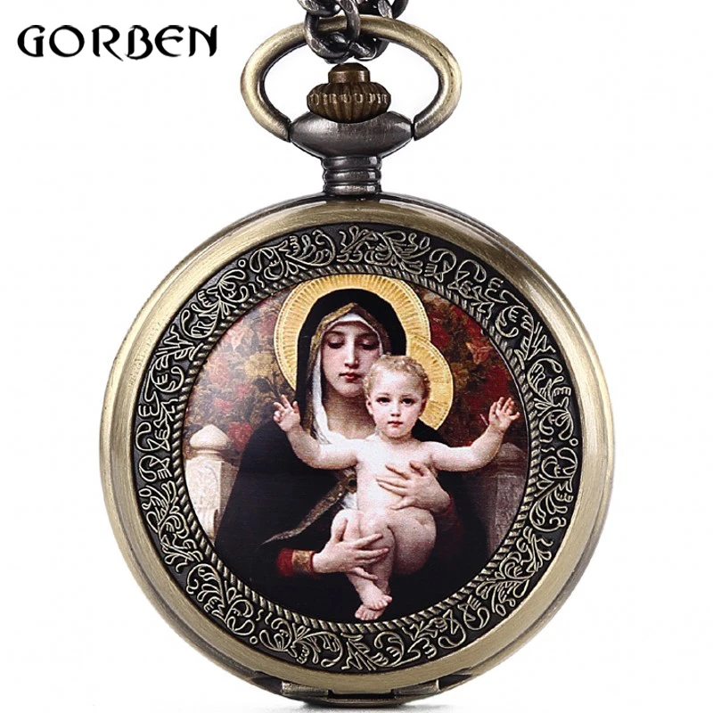 Retro Mary Easter Pocket Fob Watch with Chain Full Hunter Japan Quartz Movt Pocket Clock For Men Gift Male Relogio De Bolso 2018 Retro Mary Easter Pocket Fob Watch with Chain Full Hunter Japan Quartz Movt Pocket Clock For Men Gift Male Relogio De Bolso 2018