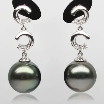 

Free Shipping 12.5MM AAA Black Green Real Tahitian Pearl Diamond Drop Earrings 18K White Gold #0207