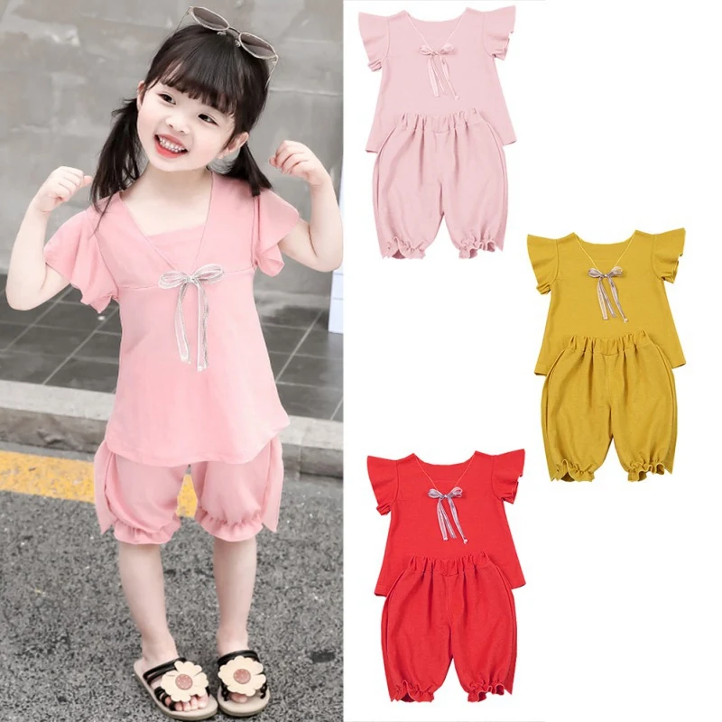 

Children Girls Clothes Casual Summer Bow Flare Sleeve T-shirt+Shorts Suits 2Pcs Costume Set