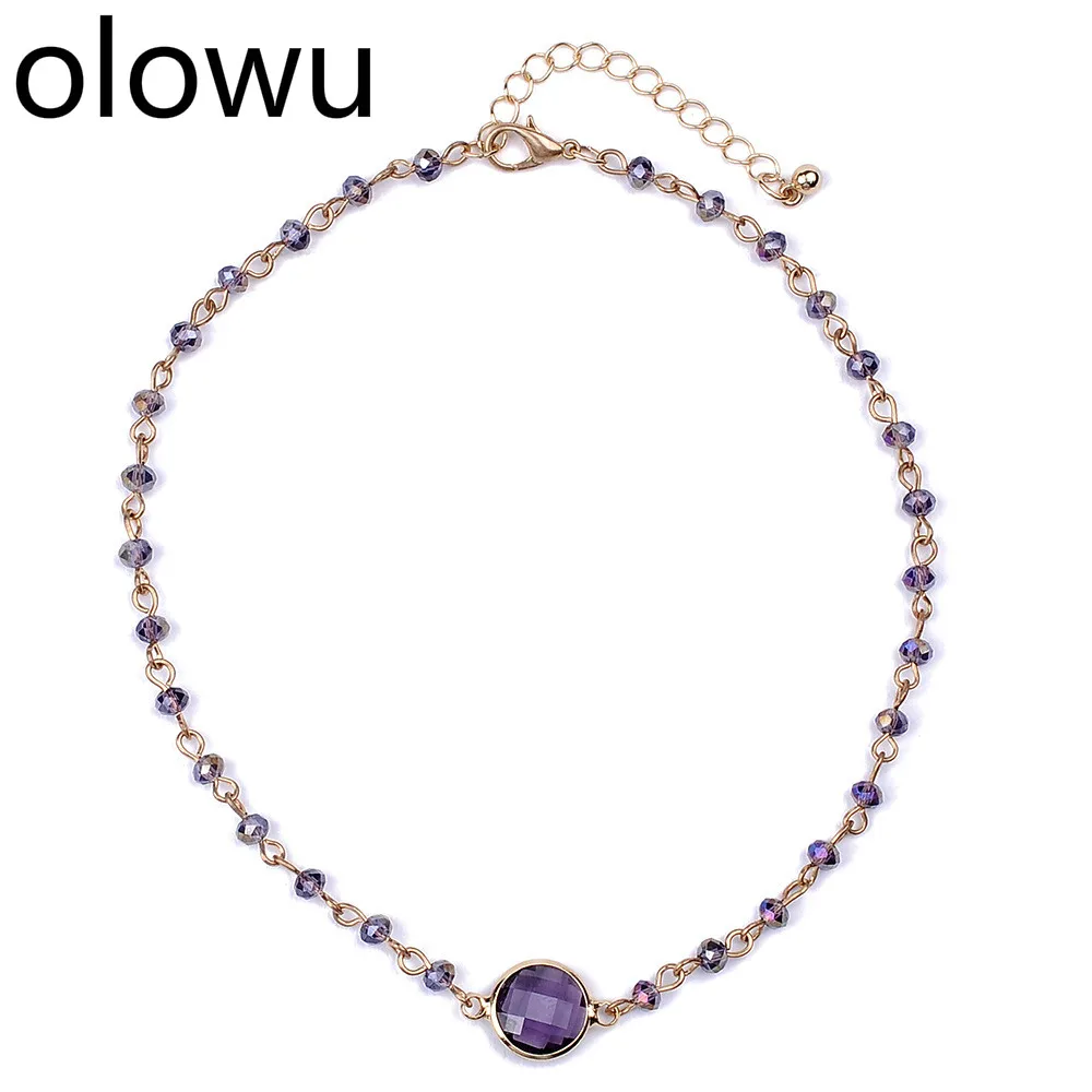Olowu Новинка золотистый цвет пурпурный колье на ключицу модное ожерелье с кристаллами геометрические бусы ожерелье из натурального камня s