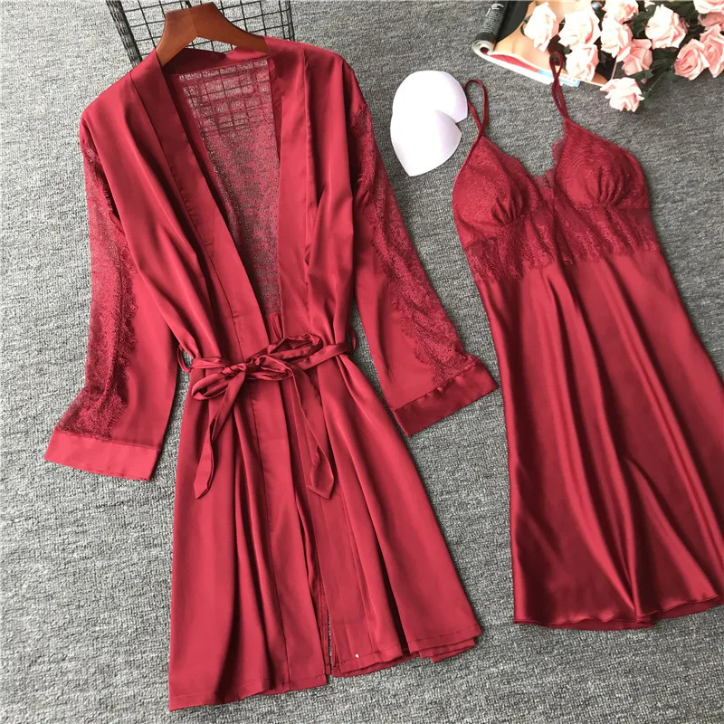 

Sexy Women's Robe & Gown Sets Lace Bathrobe Night Dress 4 Four Pieces Sleepwear Womens Sleep Set Faux Silk Robe Femme Lingerie
