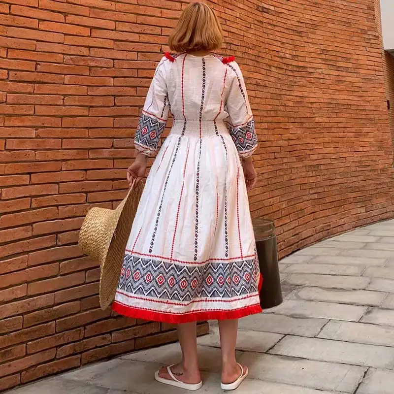 KHALEE YOSE White Embroidery Midi Dress Autumn Long Dresses Womens Puff Sleeve Elastic Waist Boho Hippie Holiday Dress Female