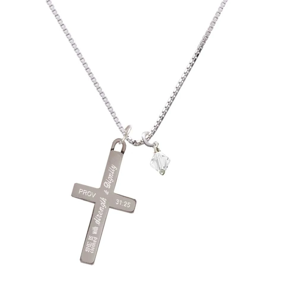 April - Clear - 6mm Crystal Bicone - Strength and Dignity - Cross Necklace