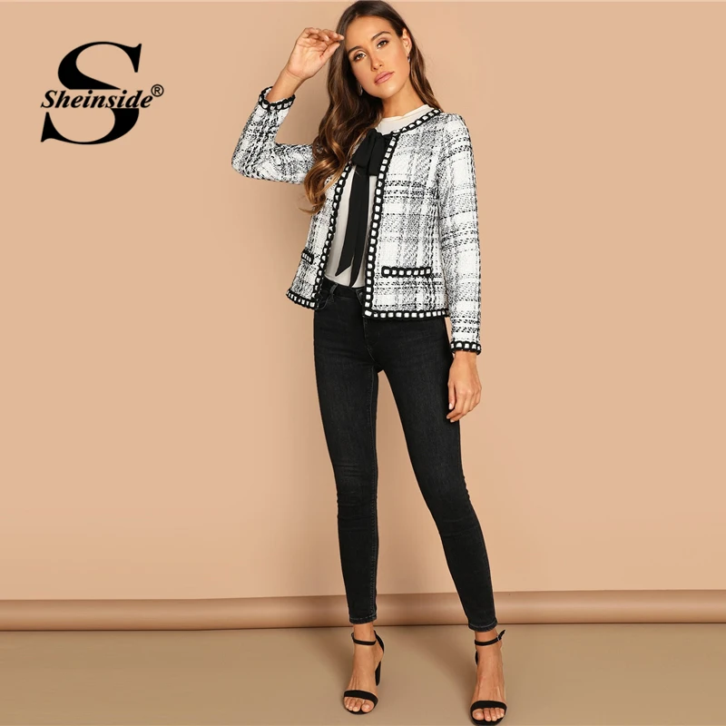 Best  Sheinside Tie Neck Whipstitch Detail Tweed Coat Women Autumn Jacket Black and White Elegant Outerwe