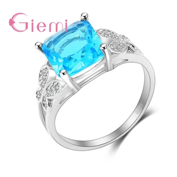 

Top Quality Blue Square Stone Crystal Ring Hot Sale Charming Cute Party Engaged 925 Sterling Silver for Women Present